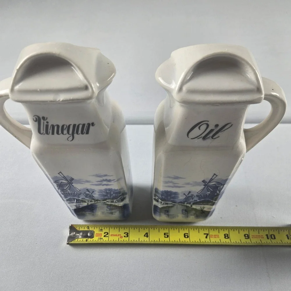 Vintage Delft Blue Holland Oil Vinegar Cruet Set Windmill Ceramic Pitchers